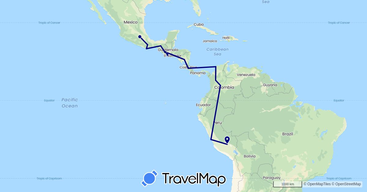 TravelMap itinerary: driving in Colombia, Costa Rica, Guatemala, Mexico, Nicaragua, Peru (North America, South America)